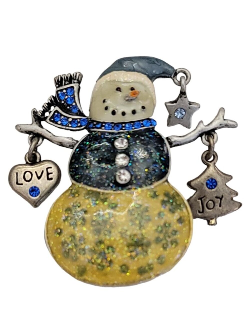 Kenneth Cole Blue Rhinestone Enamel, Love Joy Charm Dangle Snowman Brooch, K654